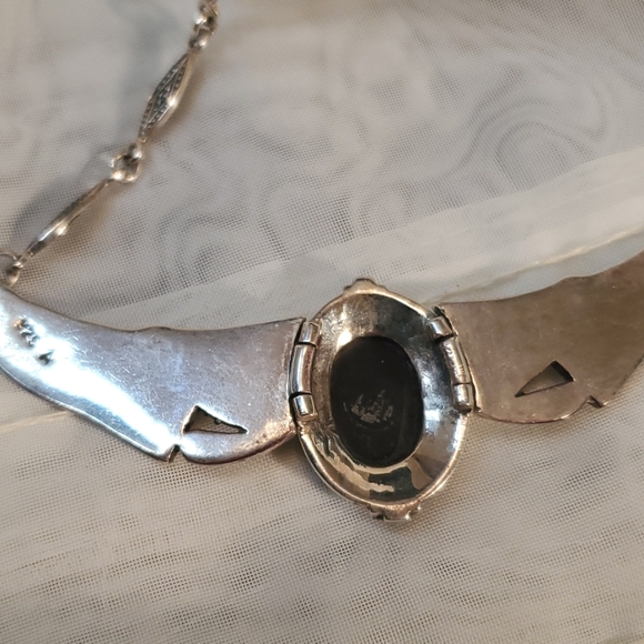 MARCASITE ONYX & MOTHER OF PEARL SILVER NECKLACE  VTG 23" - Picture 4 of 4